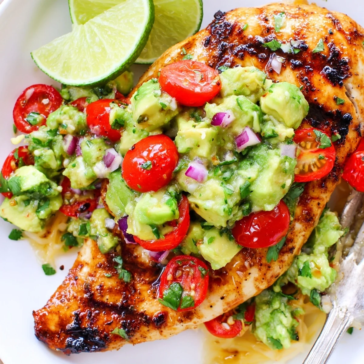 Juicy Fiesta Lime Chicken With Avocado showing charred grill marks and citrus tang