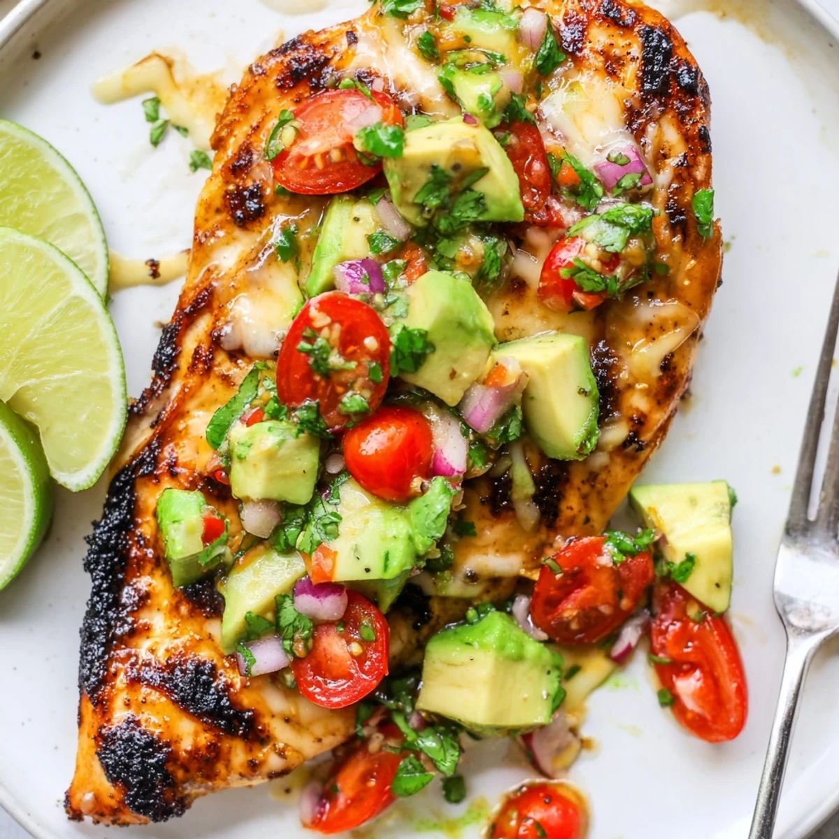 Weeknight Fiesta Lime Chicken With Avocado garnished with cilantro, lime wedge, tomatoes