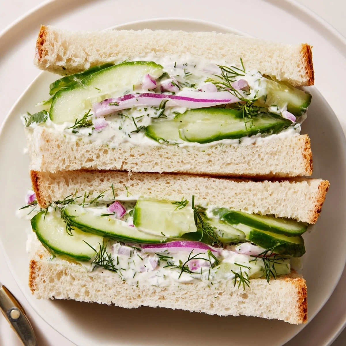 Quick Cucumber Salad Sandwiches with creamy dill dressing, sliced on soft bread