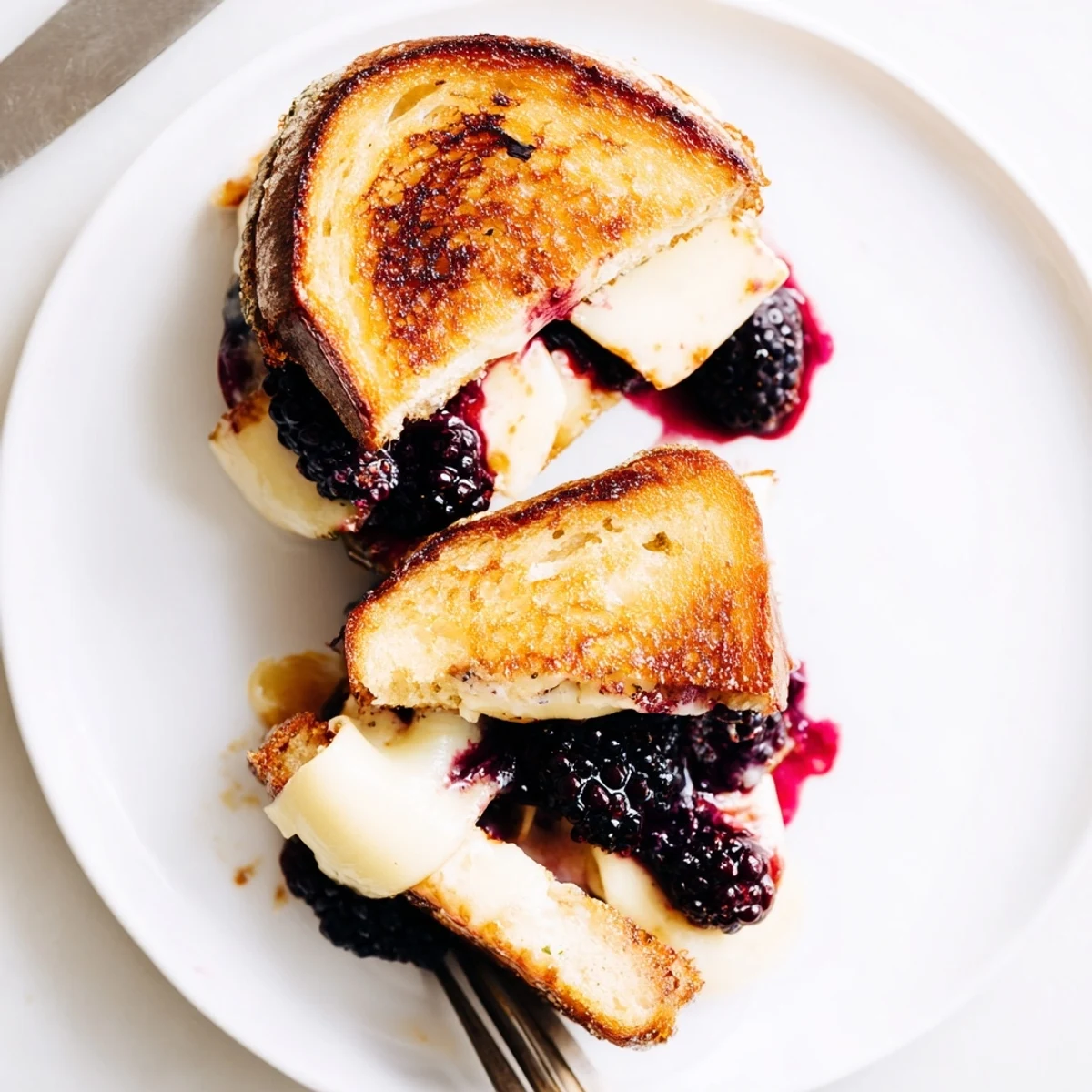 Warm skillet Blackberry Balsamic and Brie Grilled Cheese, creamy interior and tangy reduction