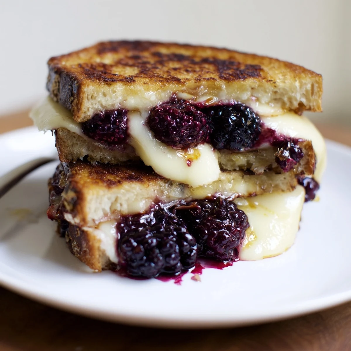 Blackberry Balsamic and Brie Grilled Cheese on golden crust, gooey, syrupy blackberry filling