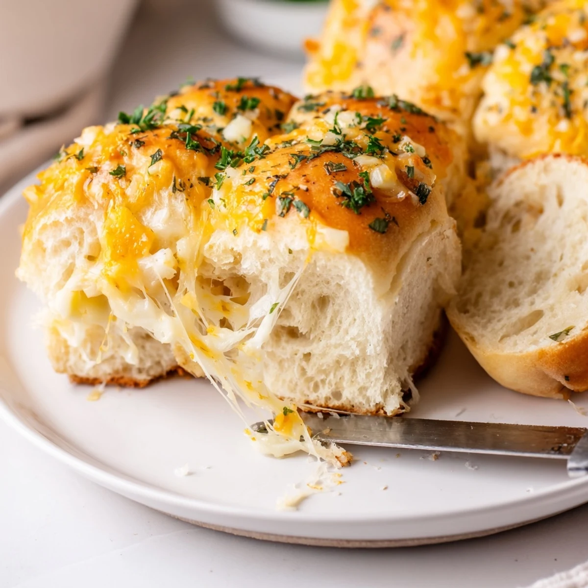 Plate of Buttery Cheese Garlic Rolls beside tomato soup, soft pillowy centers