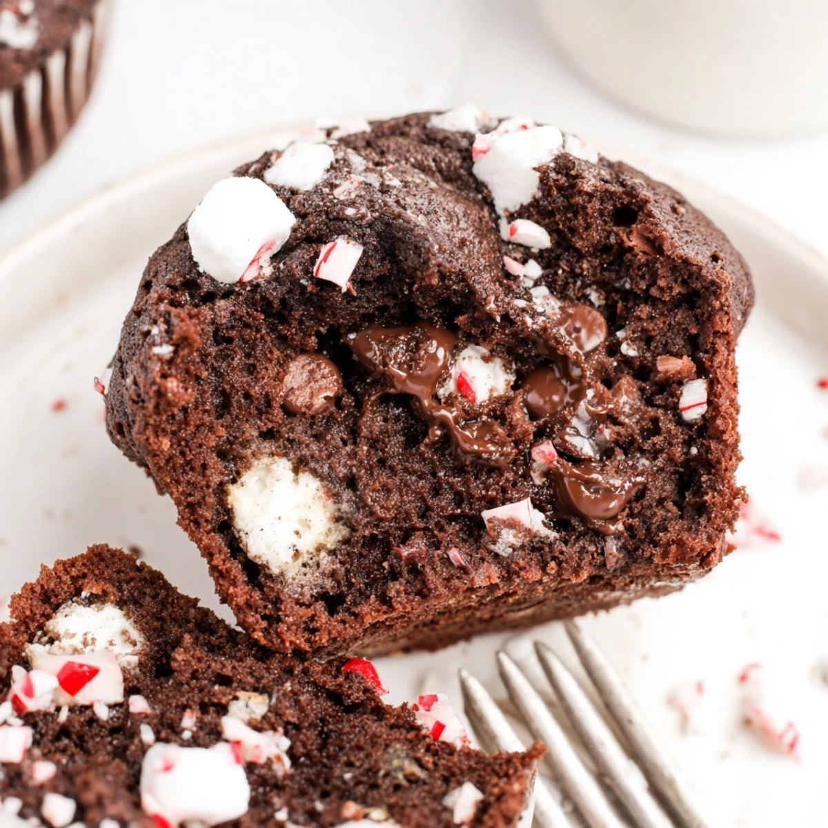Peppermint Hot Chocolate Muffins steaming on a wire rack, chocolate chunks glistening
