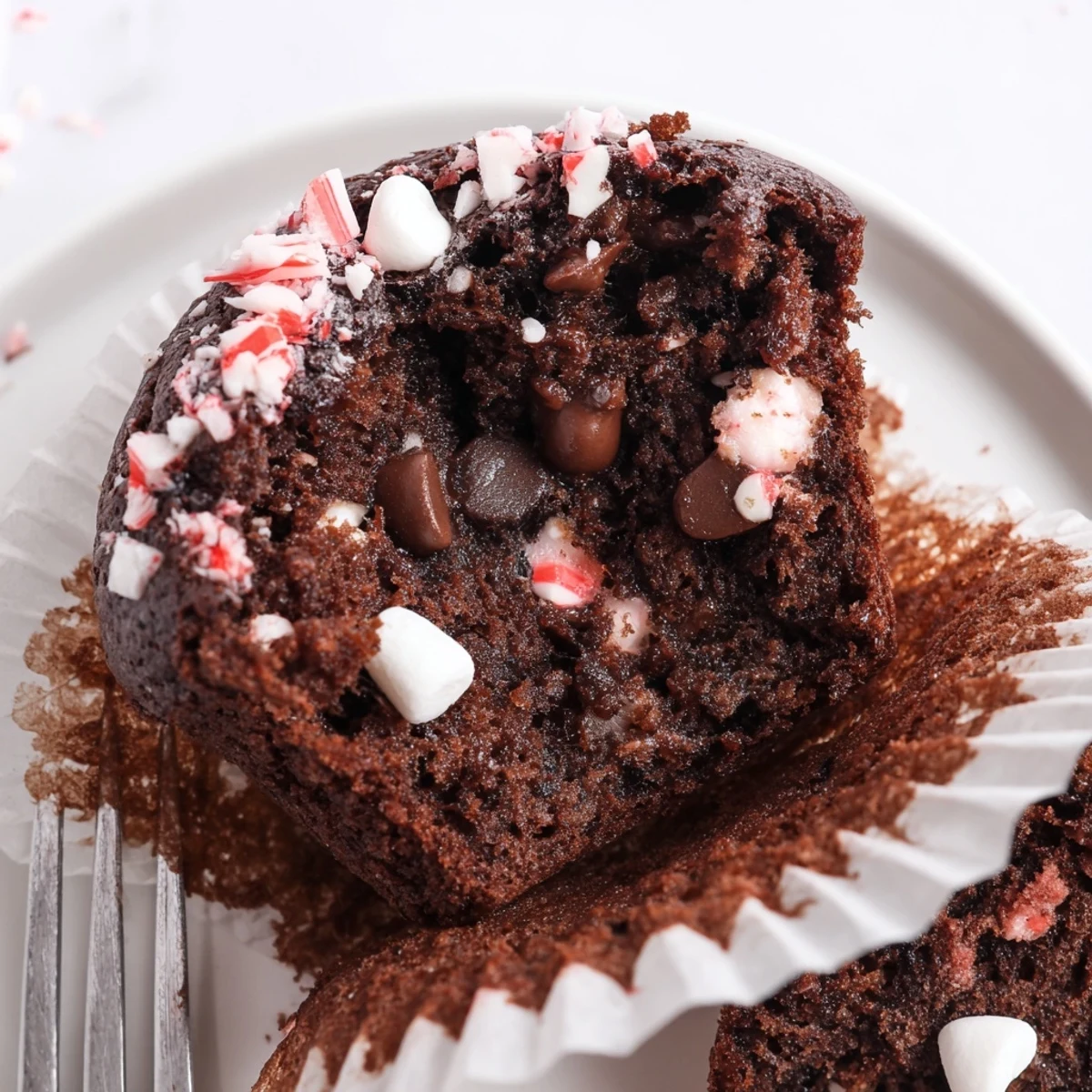 A plate of Peppermint Hot Chocolate Muffins topped with crushed candy and marshmallows