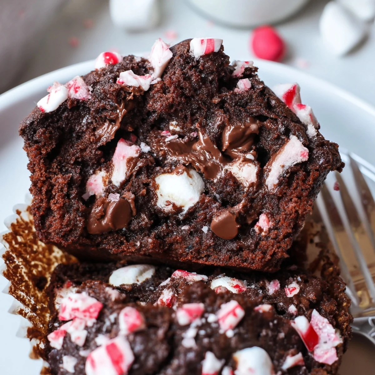 Warm Peppermint Hot Chocolate Muffins beside a mug of cocoa, inviting aroma