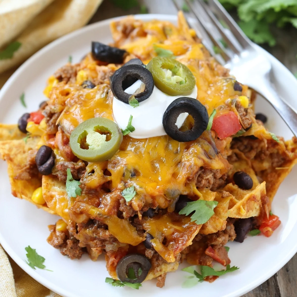 Family-style Cheesy Nacho Casserole topped with sour cream, cilantro, and jalapeños.