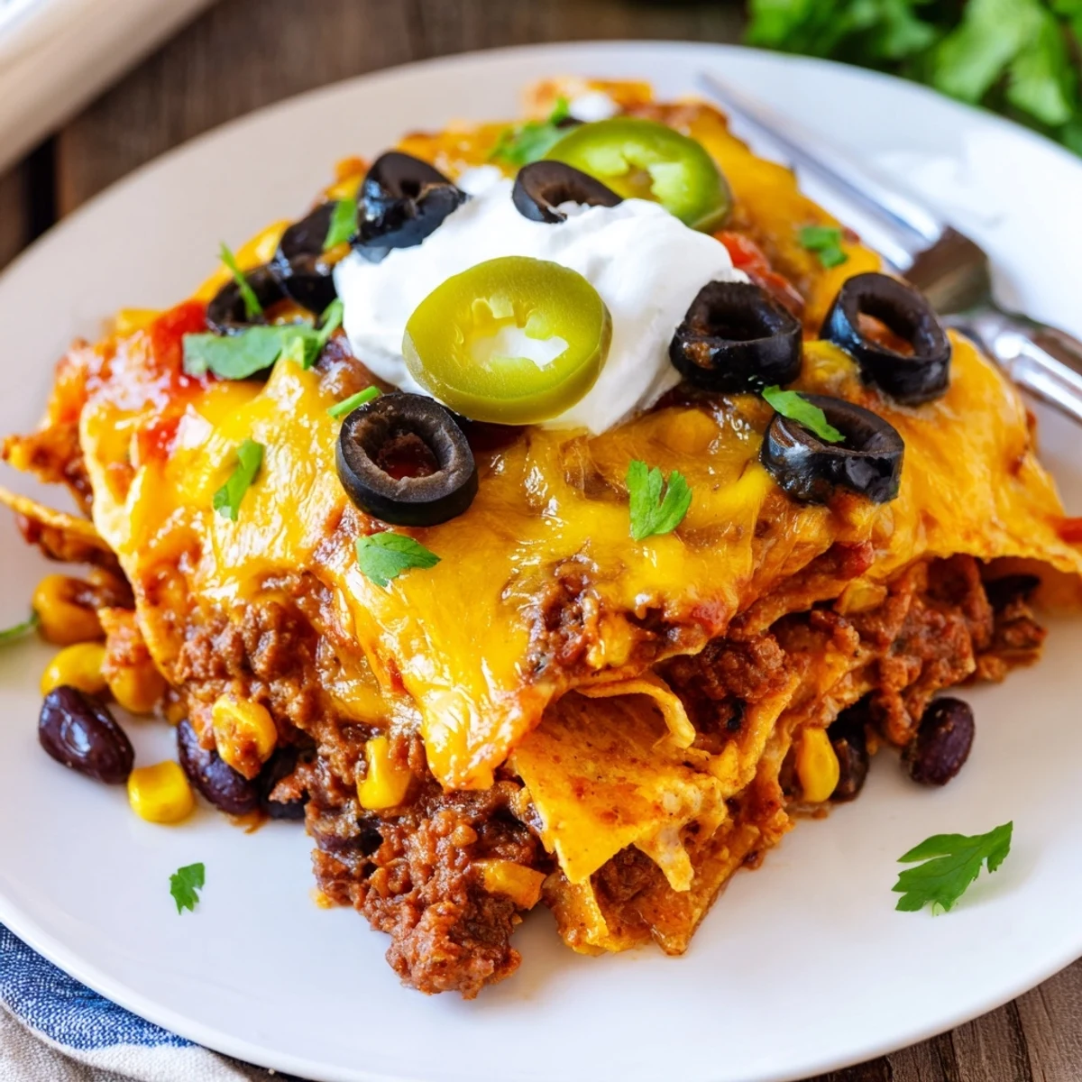 Cheesy Nacho Casserole bubbling golden, layered chips and seasoned beef, ready.