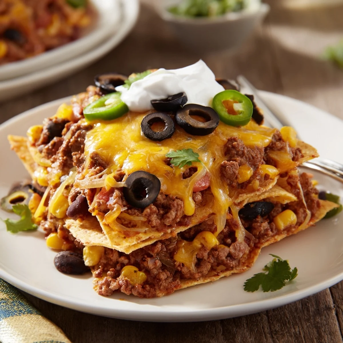 Oven-baked Cheesy Nacho Casserole sliced into portions, smell of melted cheese.