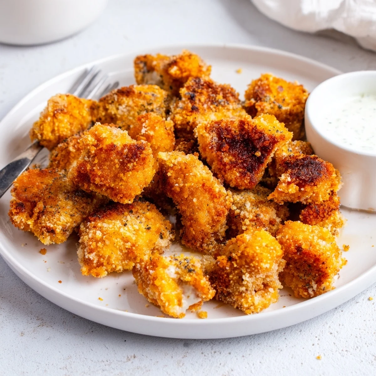 Crispy golden Chicken Bites piled on paper towels, steam rising, dipping sauce.