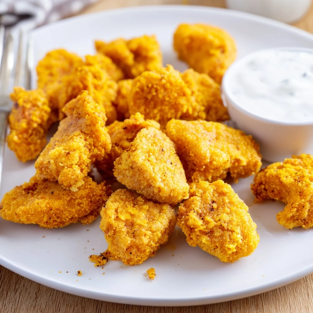 Buttermilk marinated Chicken Bites frying to a crunchy crust, served with ranch.