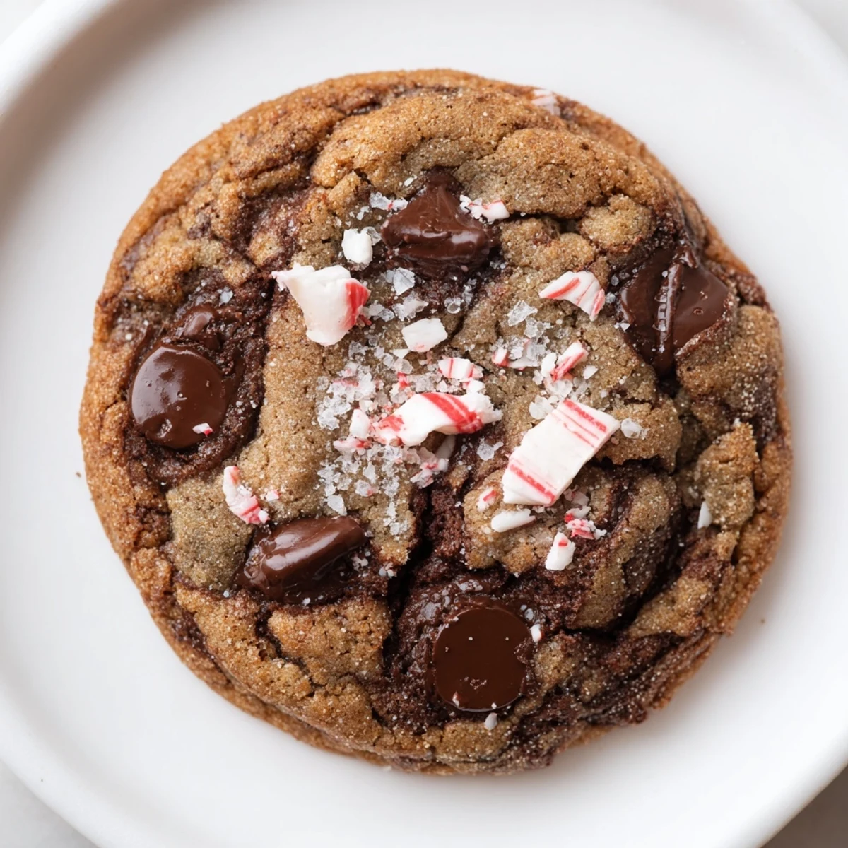 Peppermint Chocolate Chip Cookies cooling on a rack, soft centers, sprinkled peppermint.