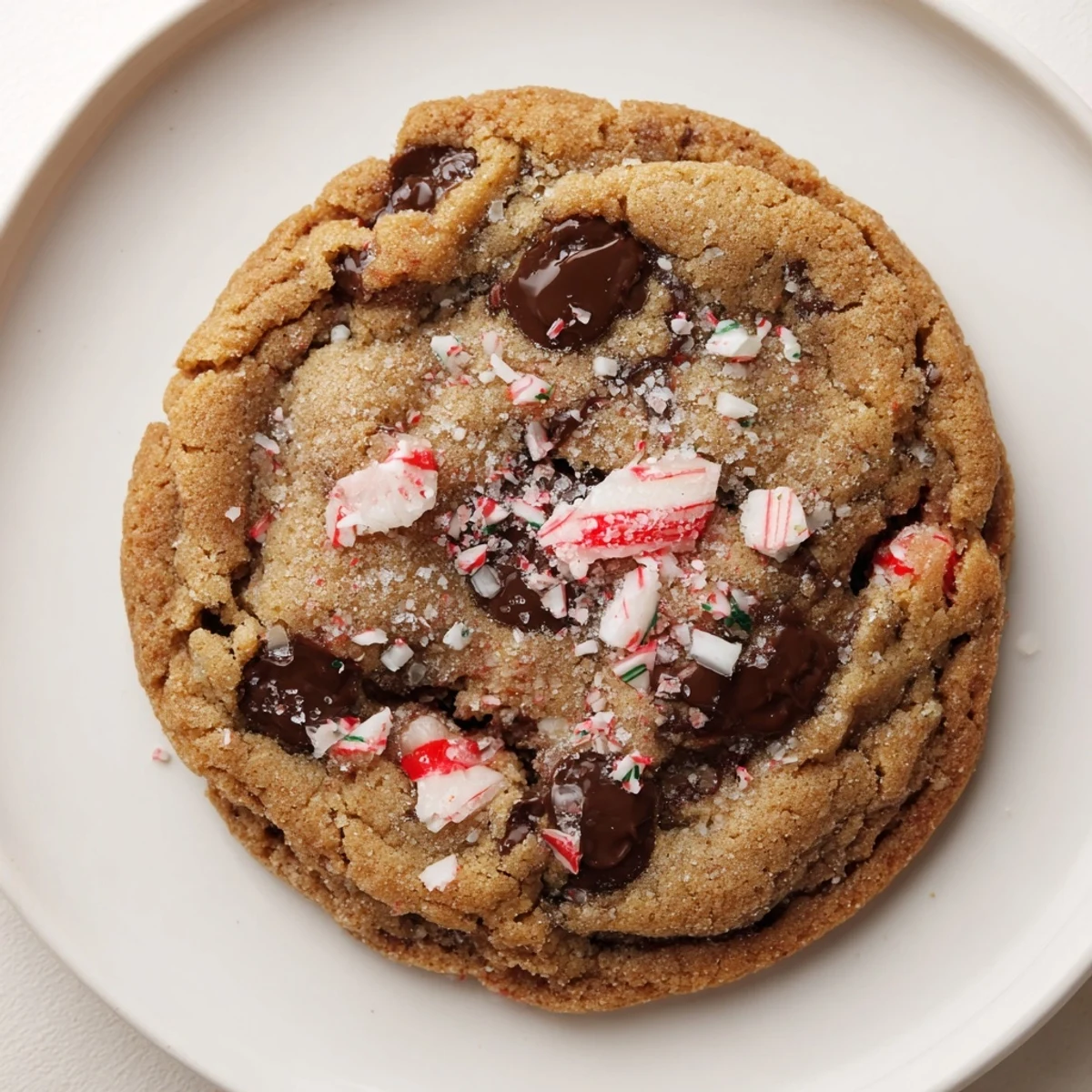 Warm Peppermint Chocolate Chip Cookies on parchment, chocolate melting, crushed candy garnish.