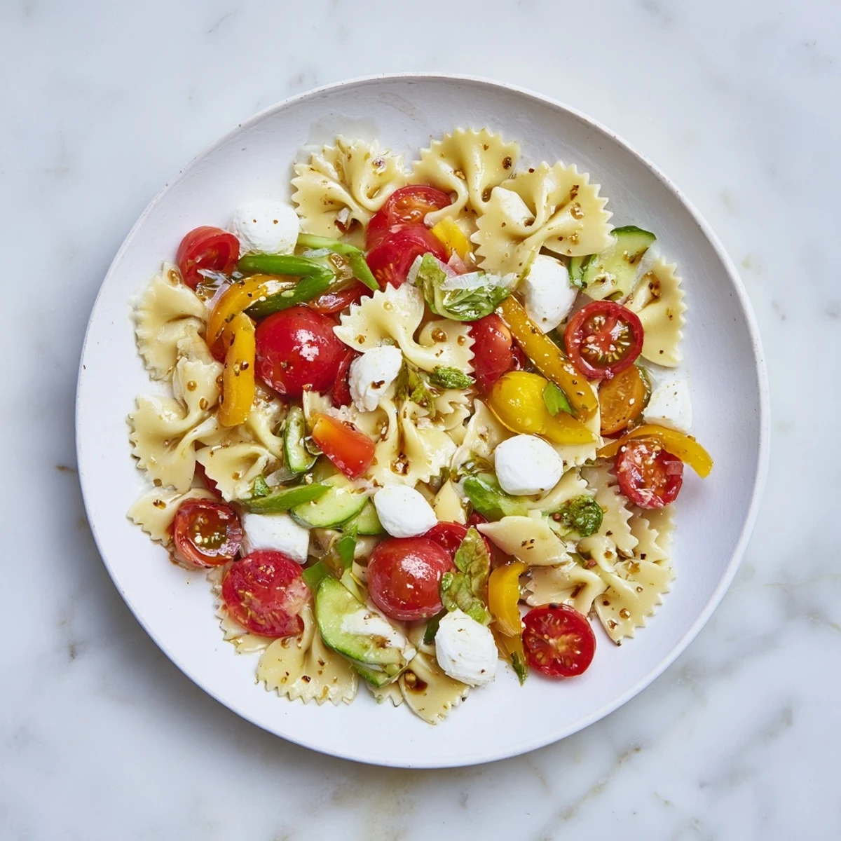A bowl of Colorful Caprese Pasta Salad chilled, bright, ready for serving