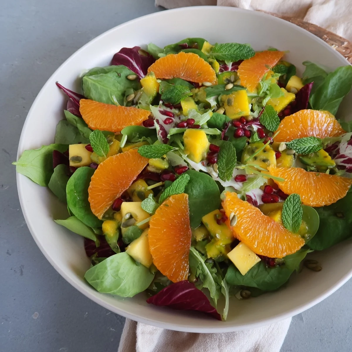 Bright Sunshine Salad piled with strawberries, pineapple, cucumber, and torn mint