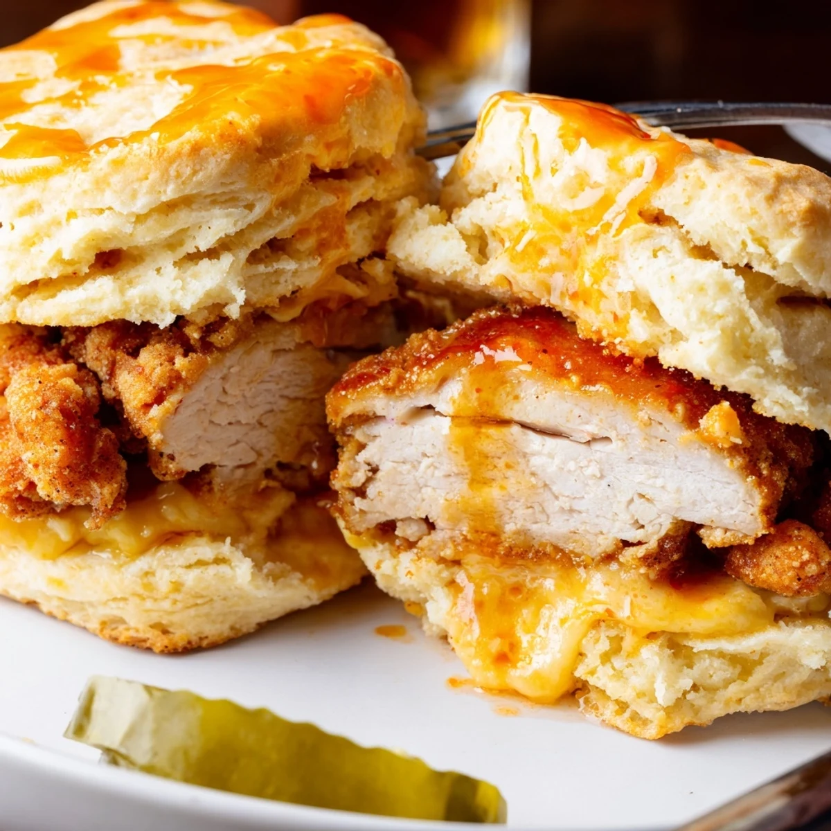 Hot Honey Chicken Biscuits with golden fried chicken, honey drizzle, flaky texture