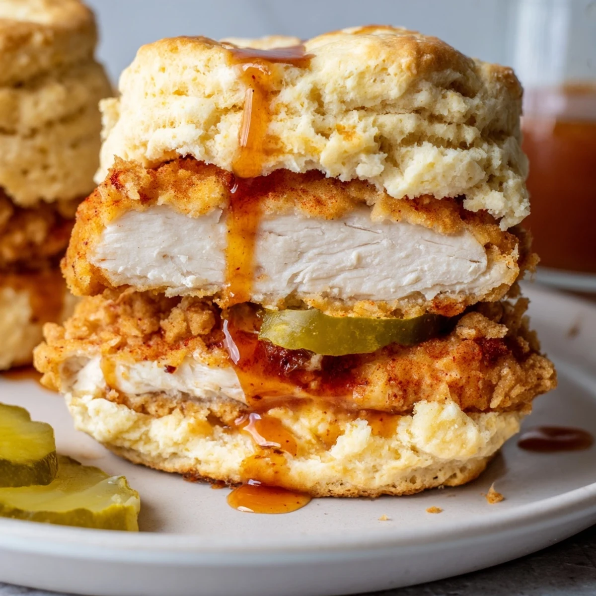 Hot Honey Chicken Biscuits served warm, buttery rounds hugging spicy-sweet chicken