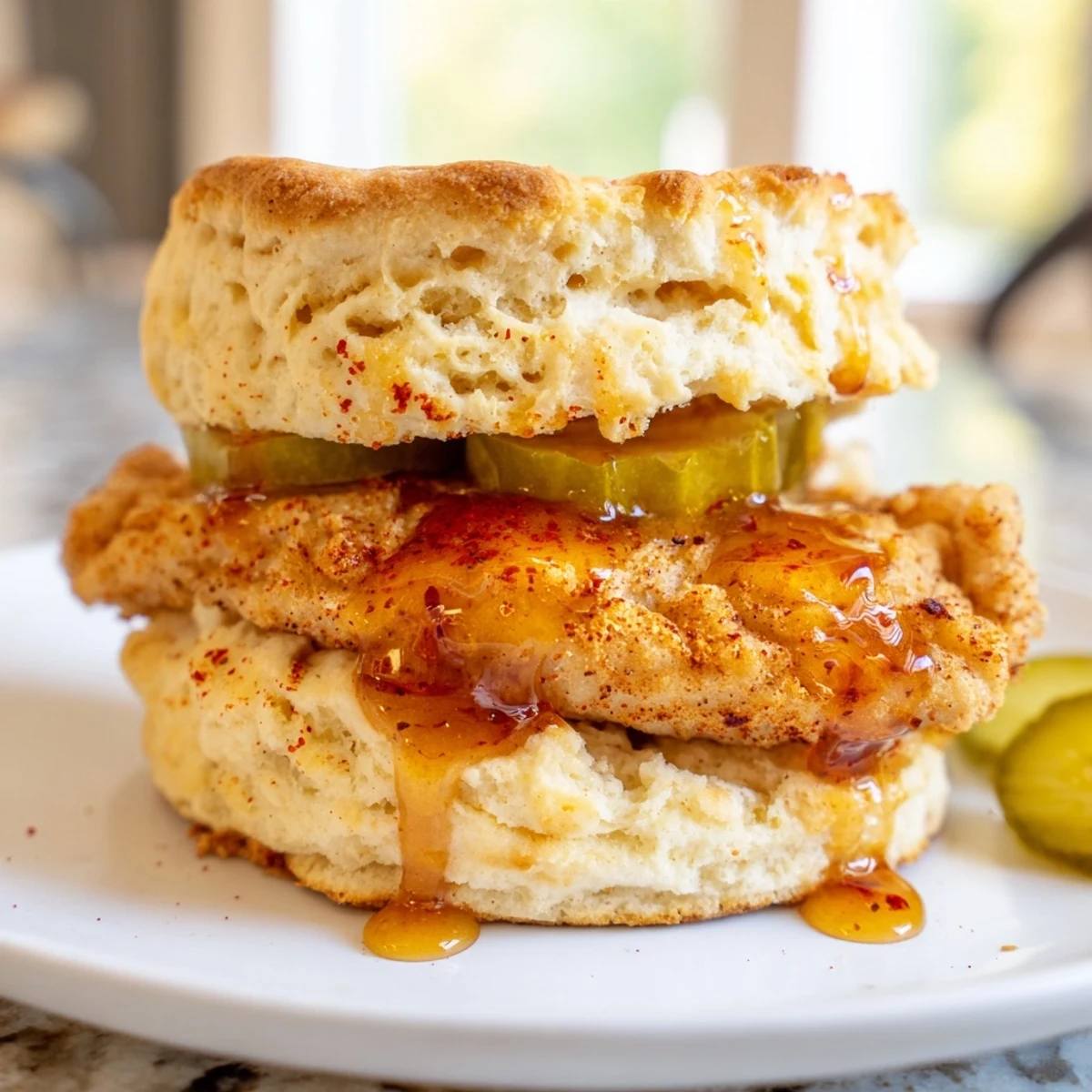 Buttermilk Hot Honey Chicken Biscuits with crispy fried cutlet and sticky peppered honey