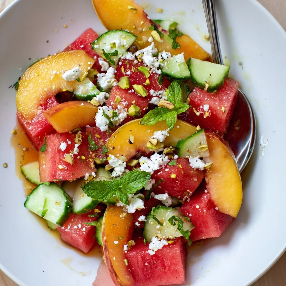 Chilled Summer Peach Watermelon Salad with honey-lime dressing and toasted pistachios