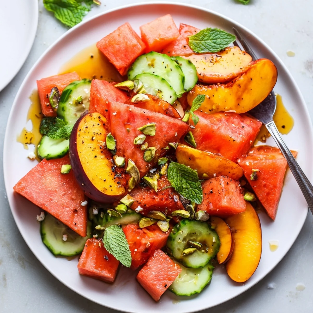 Summer Peach Watermelon Salad piled on platter, juicy bites, mint and feta