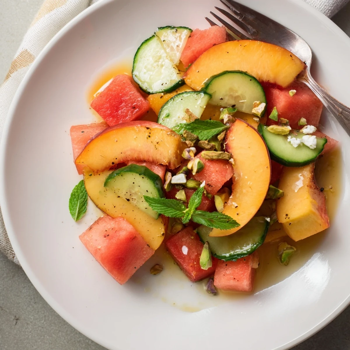 Bright Summer Peach Watermelon Salad tossed with cucumber, basil, and lime