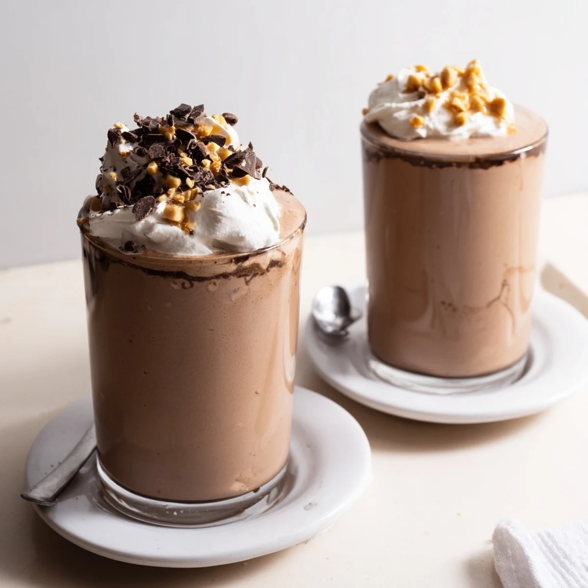 Creamy Chocolate Peanut Butter Smoothie topped with whipped cream and chocolate shavings