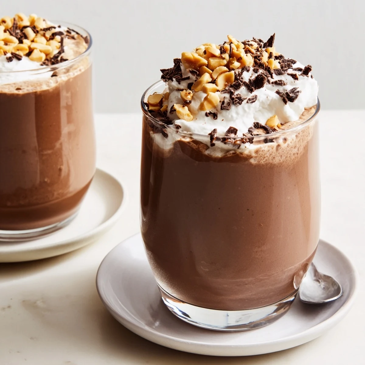 Decadent Chocolate Peanut Butter Smoothie poured in tall glass, sprinkled crushed peanuts