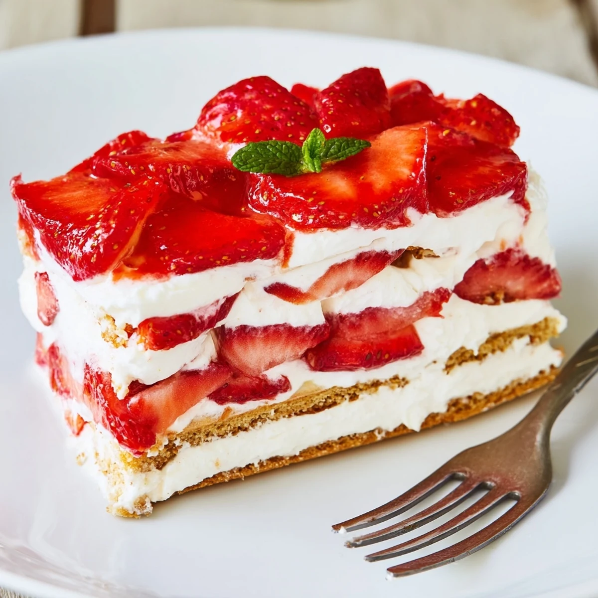 No Bake Strawberry Shortcake Dessert with creamy layers, juicy strawberries, chilled for serving