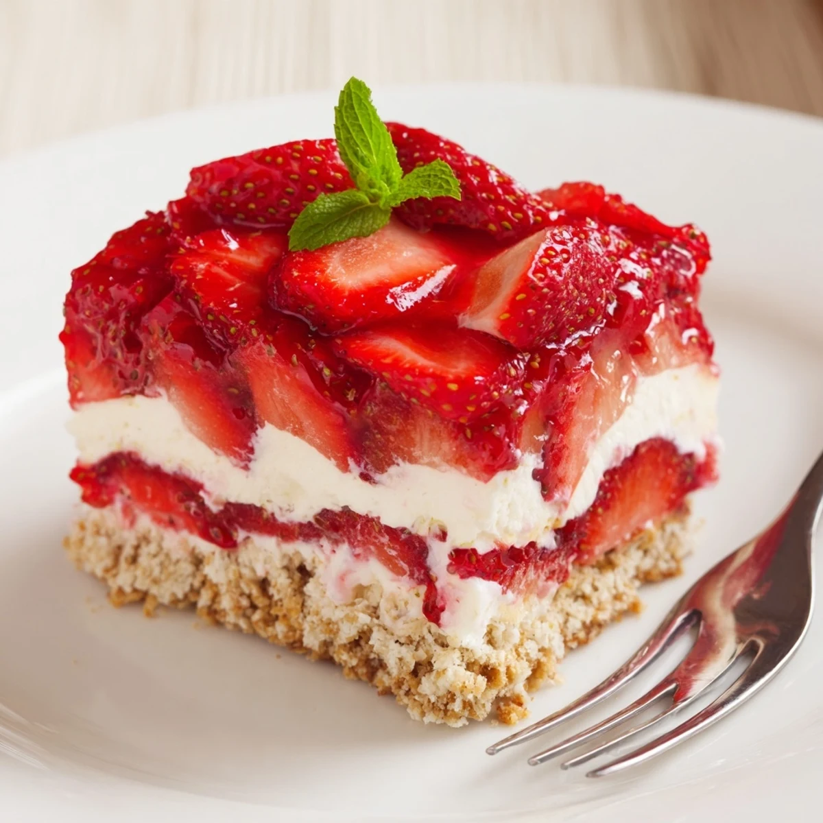 No Bake Strawberry Shortcake Dessert layered over crushed graham crackers, light whipped cream