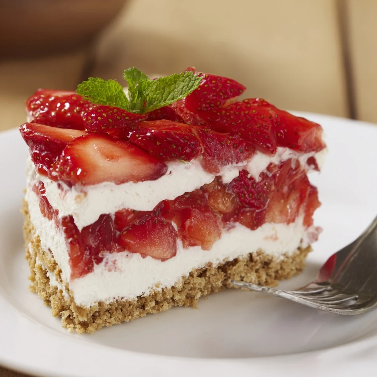 Glass dish of No Bake Strawberry Shortcake Dessert topped with mint, sliced strawberries