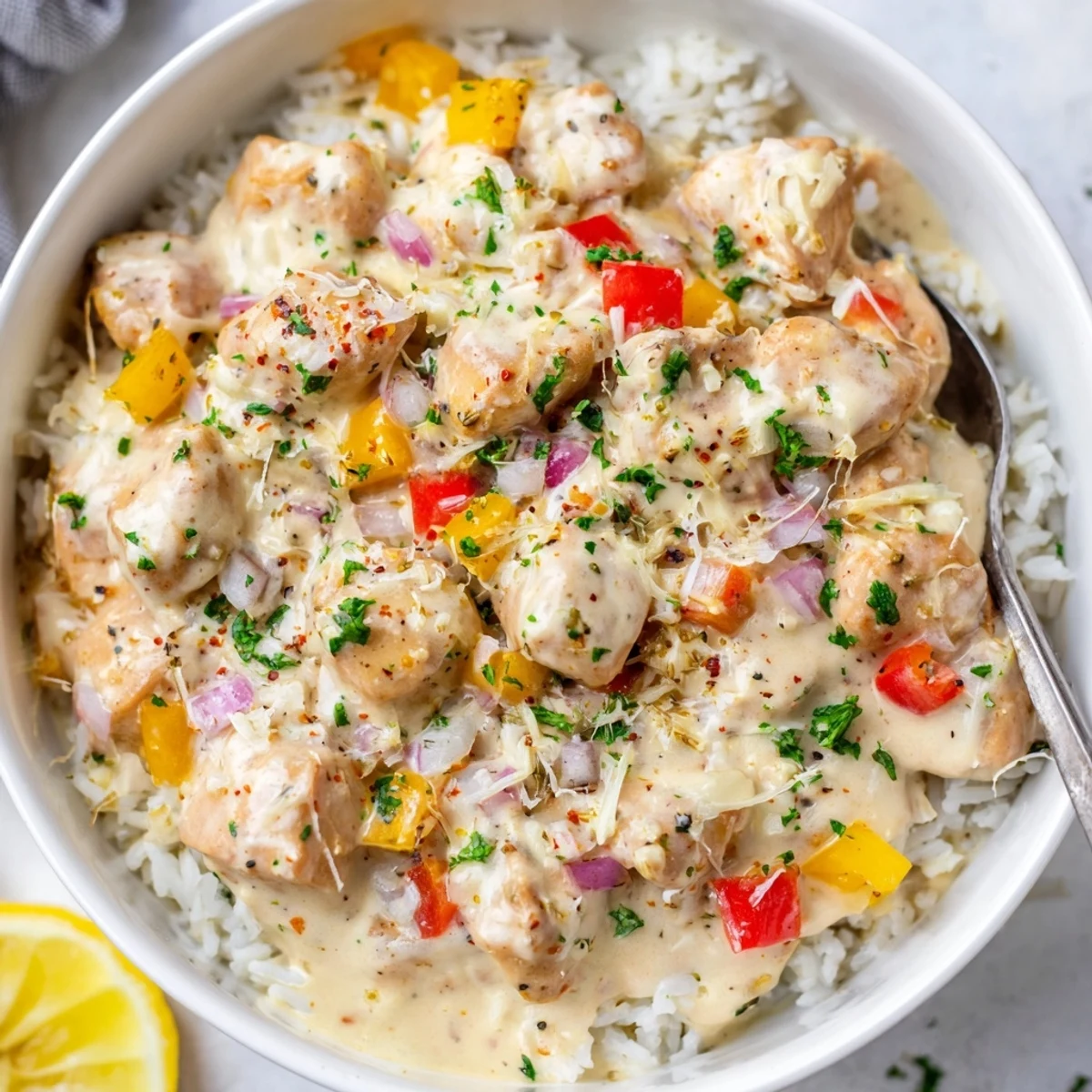 Creamy Cajun Chicken Rice Bowls steaming with tender chicken, fluffy rice, vibrant peppers.
