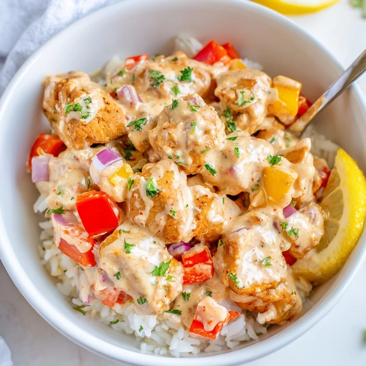 Warm Creamy Cajun Chicken Rice Bowls topped with parsley and lemon wedge.