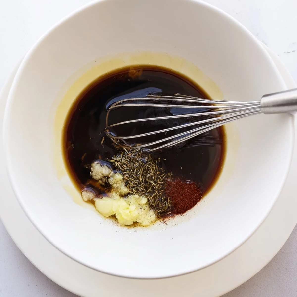 Glossy Steak Marinade with olive oil and garlic, ready for grilling