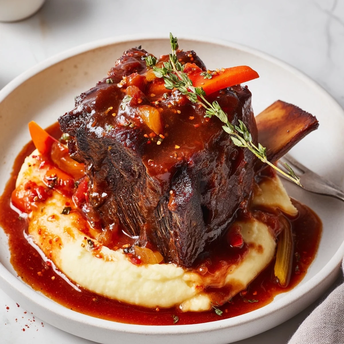 Tender, falling off the bone Slow Cooker Beef Short Ribs steaming in savory sauce