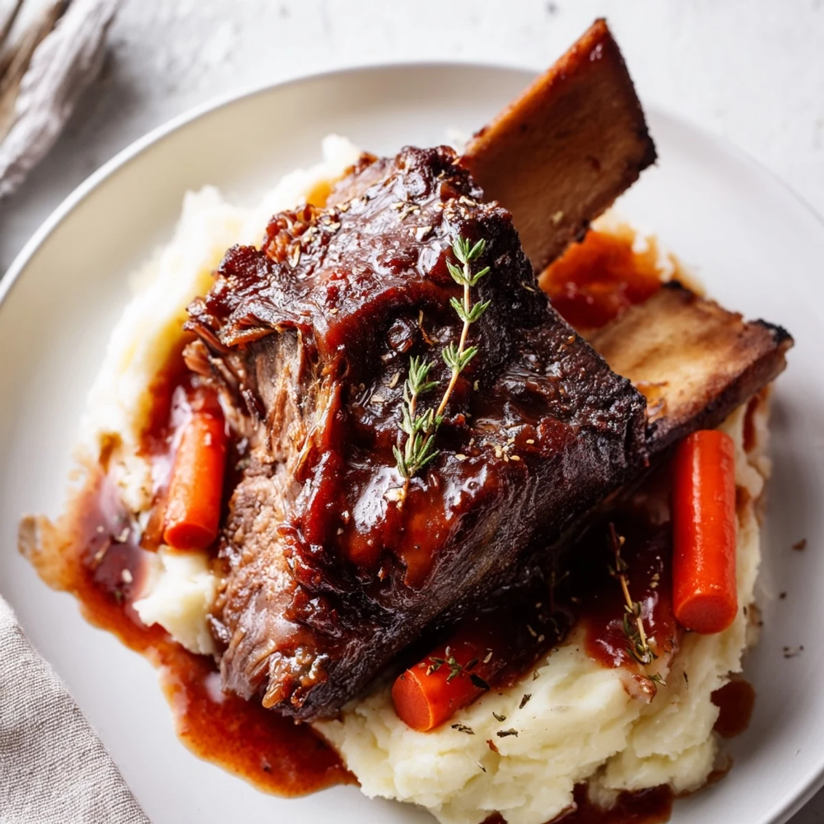 A plate of Slow Cooker Beef Short Ribs resting beside crusty bread
