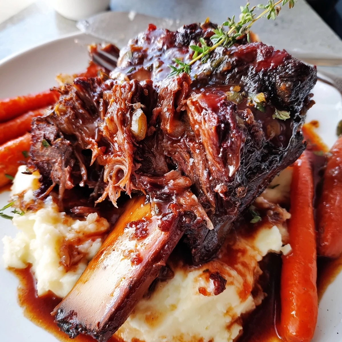 Slow Cooker Beef Short Ribs glazed in red wine jus, herbs and steam