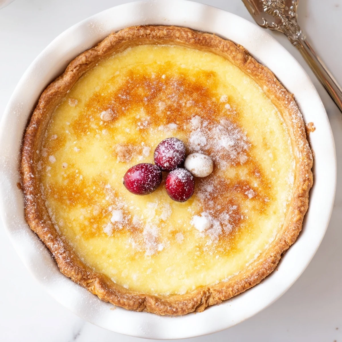 Christmas Eve Custard Pie With Cinnamon Vanilla gleaming golden, dusted with powdered sugar
