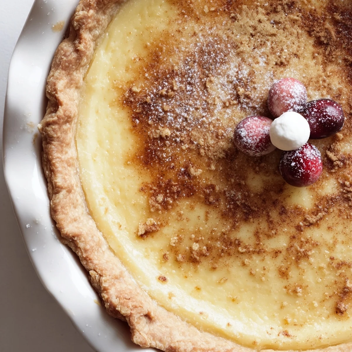 A slice of Christmas Eve Custard Pie With Cinnamon Vanilla served chilled, whipped cream