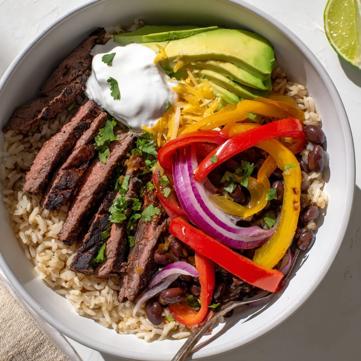 Steak Fajita Power Bowls layered with sizzling steak, colorful peppers, creamy avocado.
