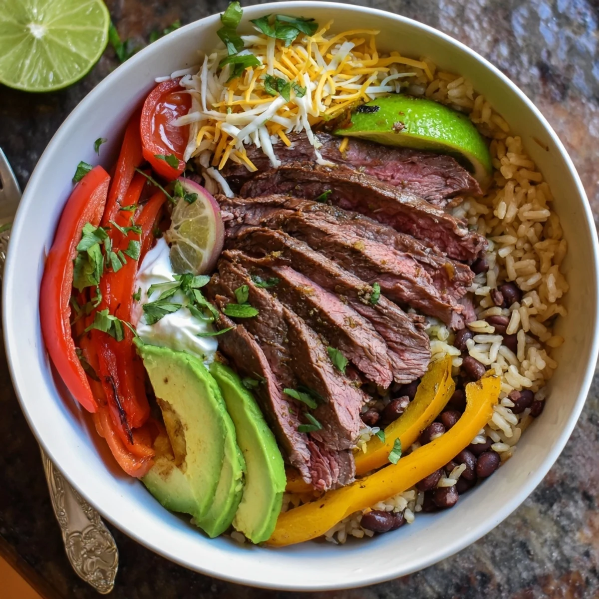 Warm Steak Fajita Power Bowls served over brown rice, lime wedges glistening.