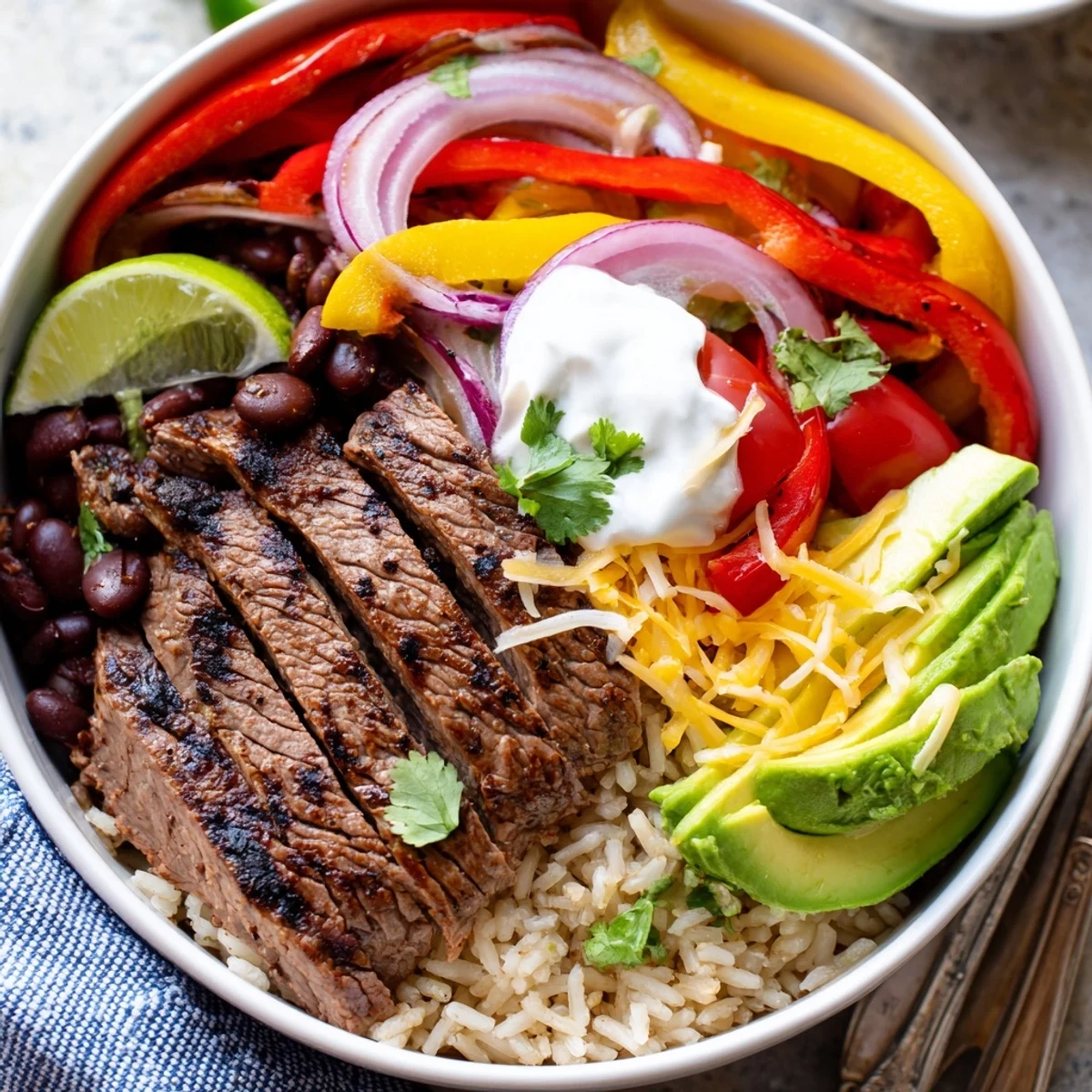 Seared Steak Fajita Power Bowls topped with black beans, cheddar, fresh cilantro.