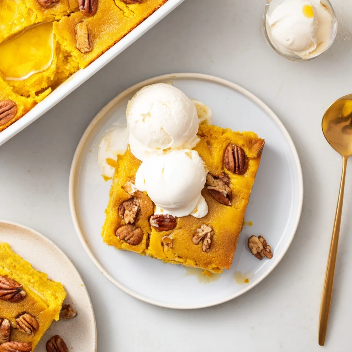 Pumpkin Dump Cake with golden pecan topping, warm and steaming, cozy autumn dessert