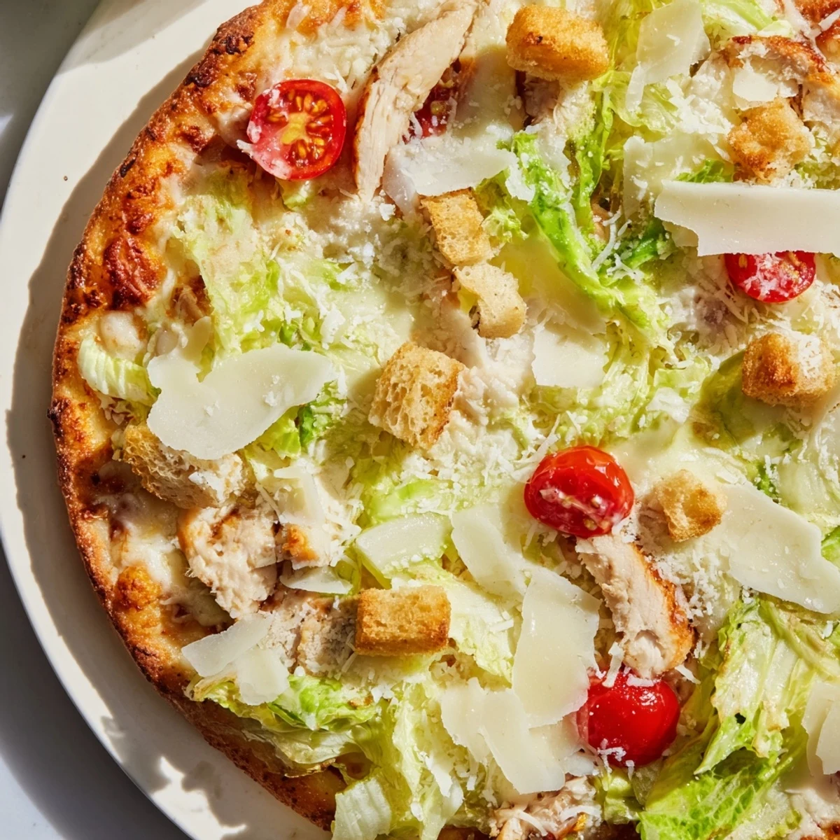 Golden chicken Caesar salad pizza topped with fresh romaine and shaved Parmesan cheese