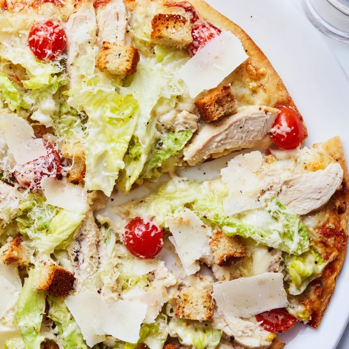 Homemade chicken Caesar salad pizza bubbling with melted mozzarella and crunchy croutons