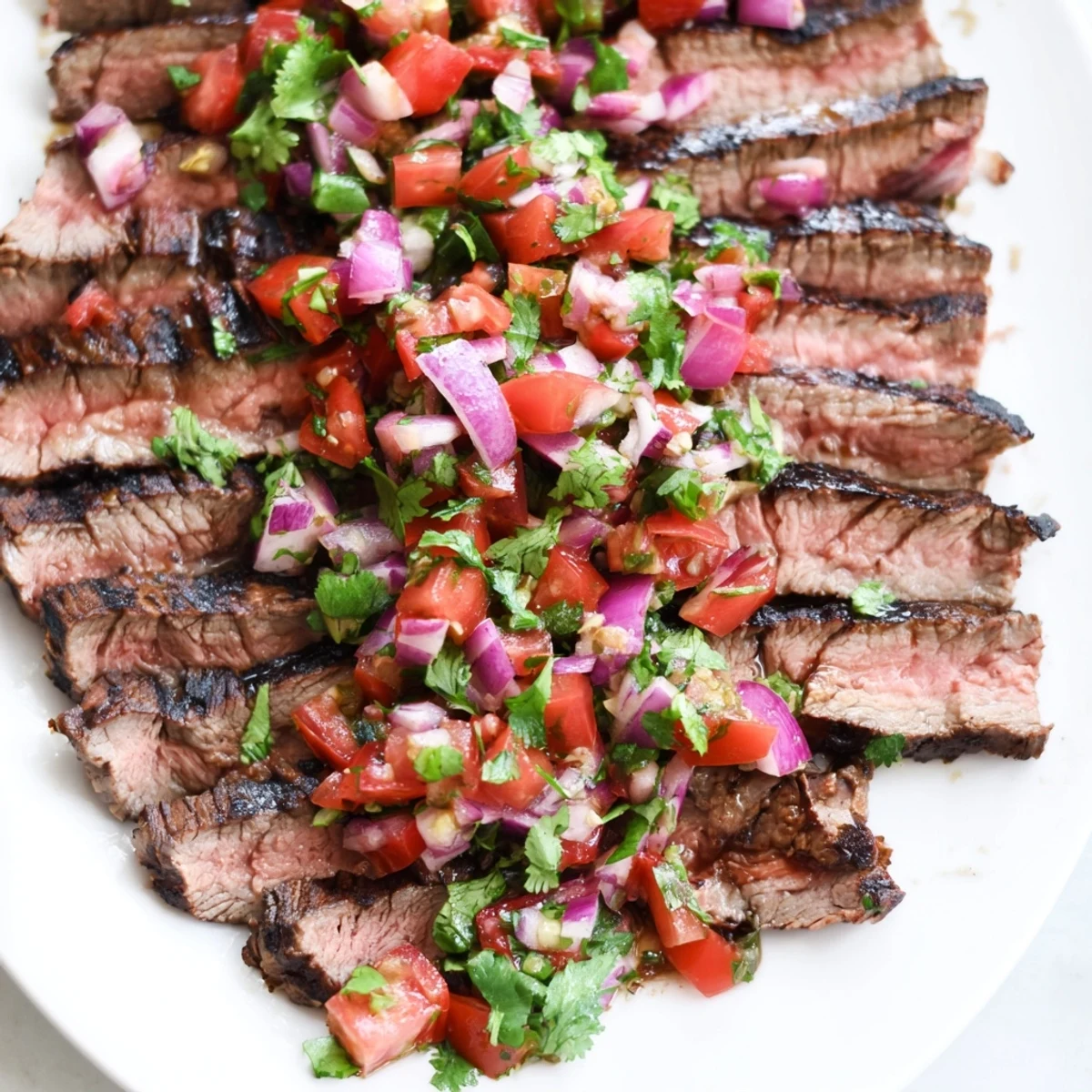 Sliced grilled flank steak with poblano pico recipe arranged on a white platter