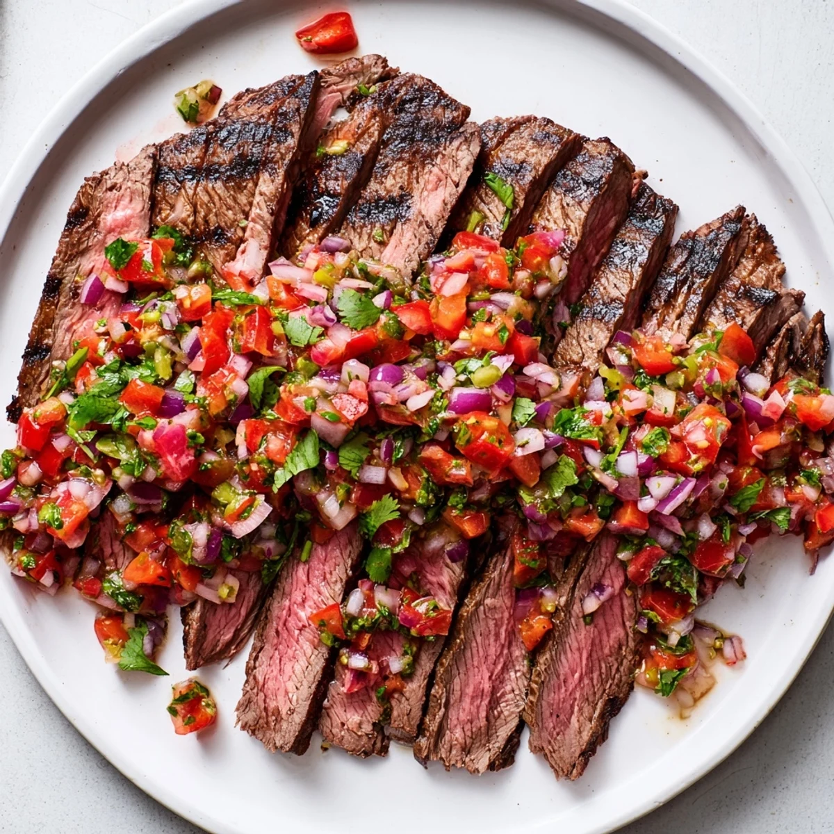 Grilled flank steak with poblano pico recipe served with fresh lime wedges and garnish