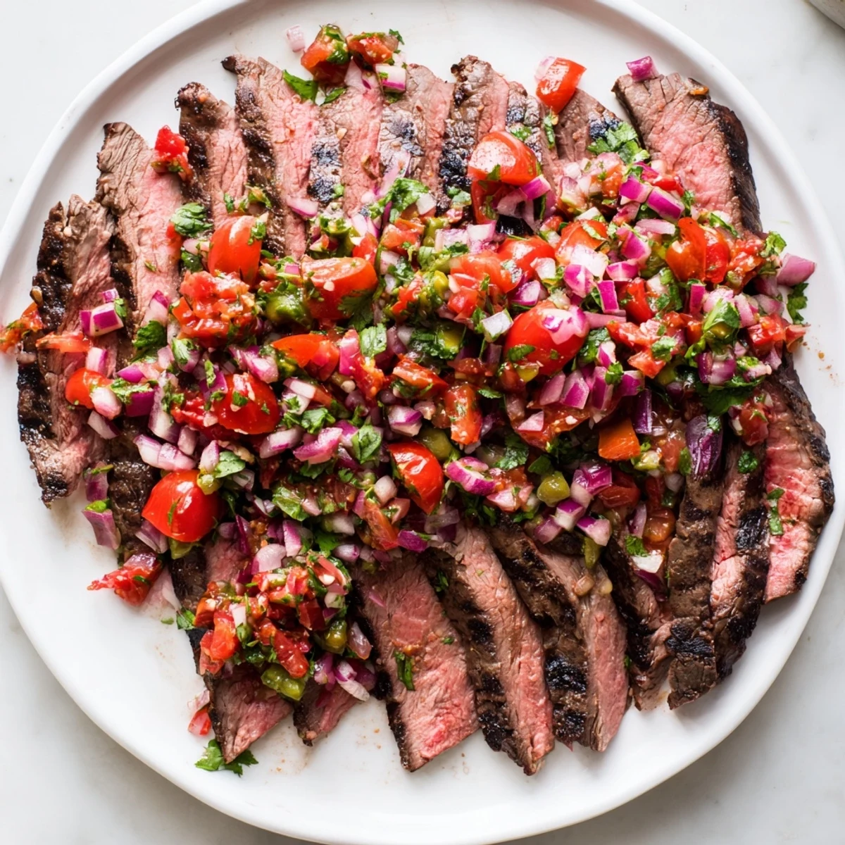 Juicy grilled flank steak with poblano pico recipe plated for a summer dinner gathering