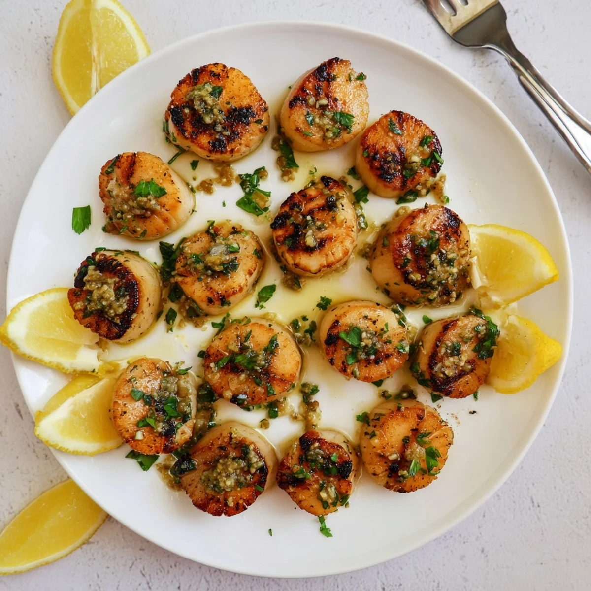 Golden grilled scallops with charred edges and fresh lemon wedges on a white platter