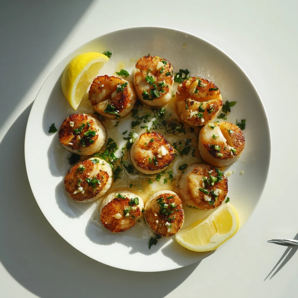 Perfectly seared scallops recipe garnished with parsley and served with bright citrus slices