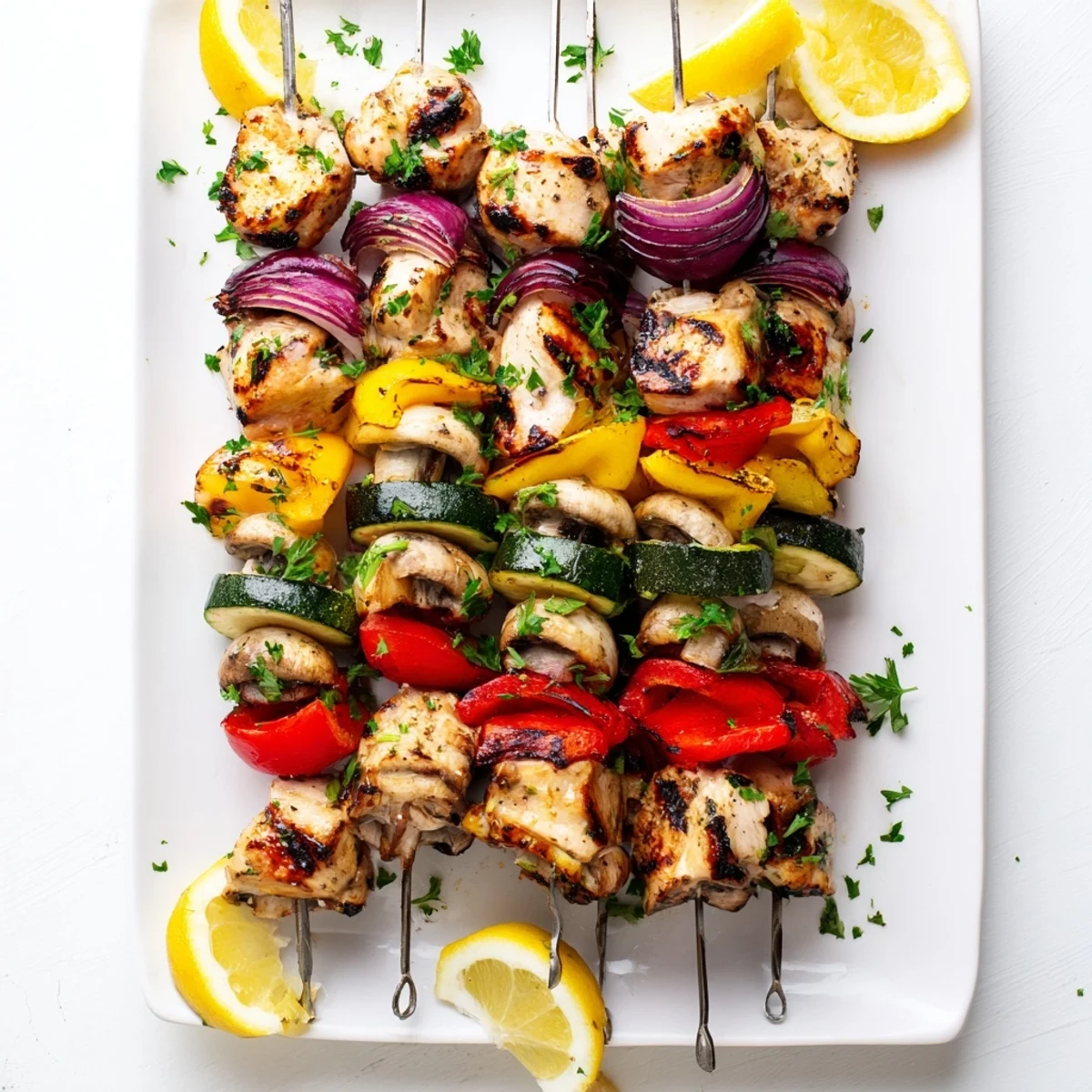 Mediterranean grilled chicken kabobs with vegetables recipe on skewers with zucchini mushrooms and red onions