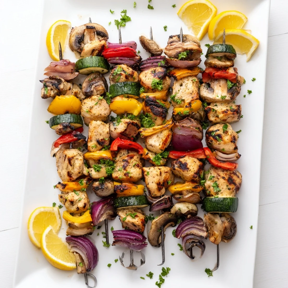 Colorful grilled chicken kabobs with vegetables recipe featuring juicy marinated meat and charred bell peppers